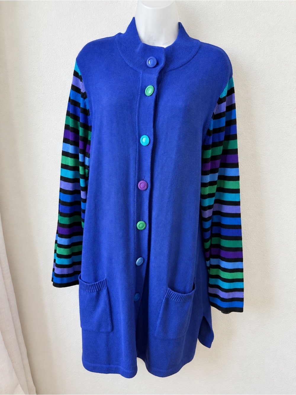 Bob Mackie Royal Blue Button-Front Jacket with Multicolor Striped Sleeves